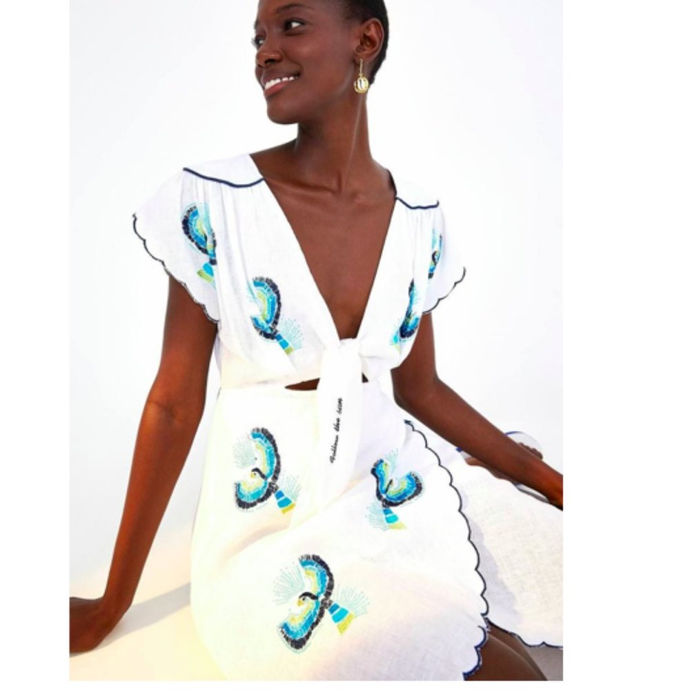 Farm Rio Macaw Embroidered Tie Front Cutout Dress - Picture 2 of 14